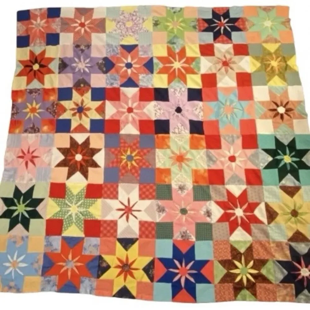 Vtg 70s Polyester Quilt Topper 87x87 - Hand Stitched Star Flower Dahlia Retro